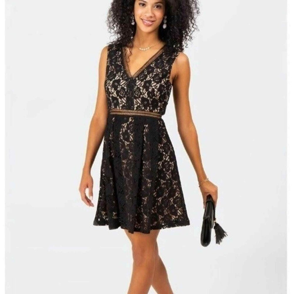 NWT Francesca's Black Lace V Neck Fit and Flare Dress Size M